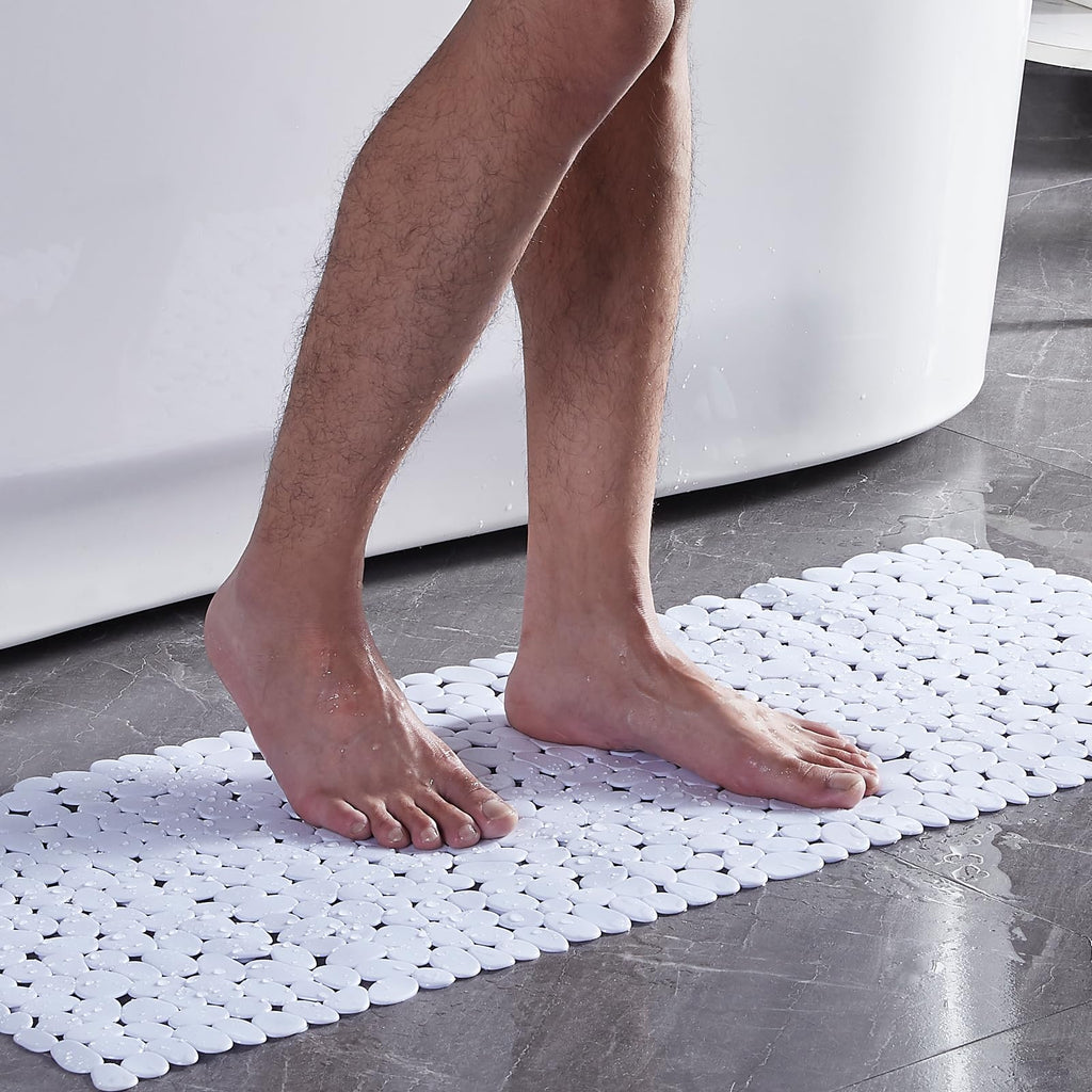 Webos Bath Shower Mat Non Slip: Extra Large Pebble Bathtub mat for Kids, Elderly, Anti Slip Shower Matt with Drain Holes Suction Cups Tub Mat - 16 X 40 Inch White