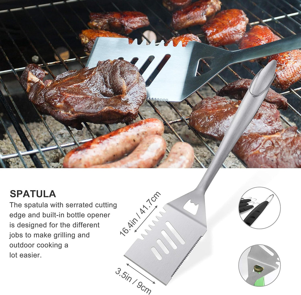 grilljoy 8PCS BBQ Grill Tools Set with Extra Thick Stainless Steel Spatula, Fork, Tongs & Cleaning Brush - Complete Barbecue Accessories Kit with Portable Bag - Perfect Grill Gifts for Men Black