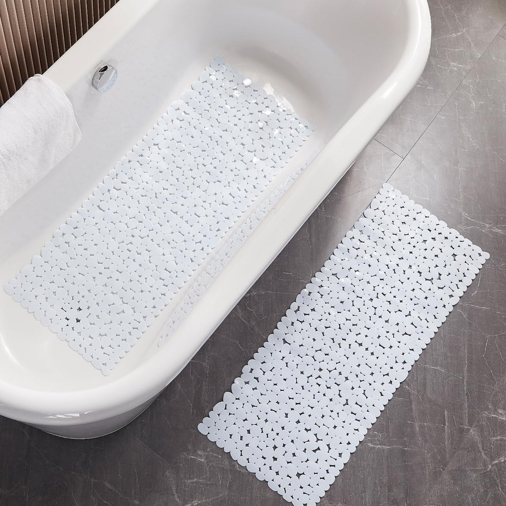 Webos Bath Shower Mat Non Slip: Extra Large Pebble Bathtub mat for Kids, Elderly, Anti Slip Shower Matt with Drain Holes Suction Cups Tub Mat - 16 X 40 Inch White
