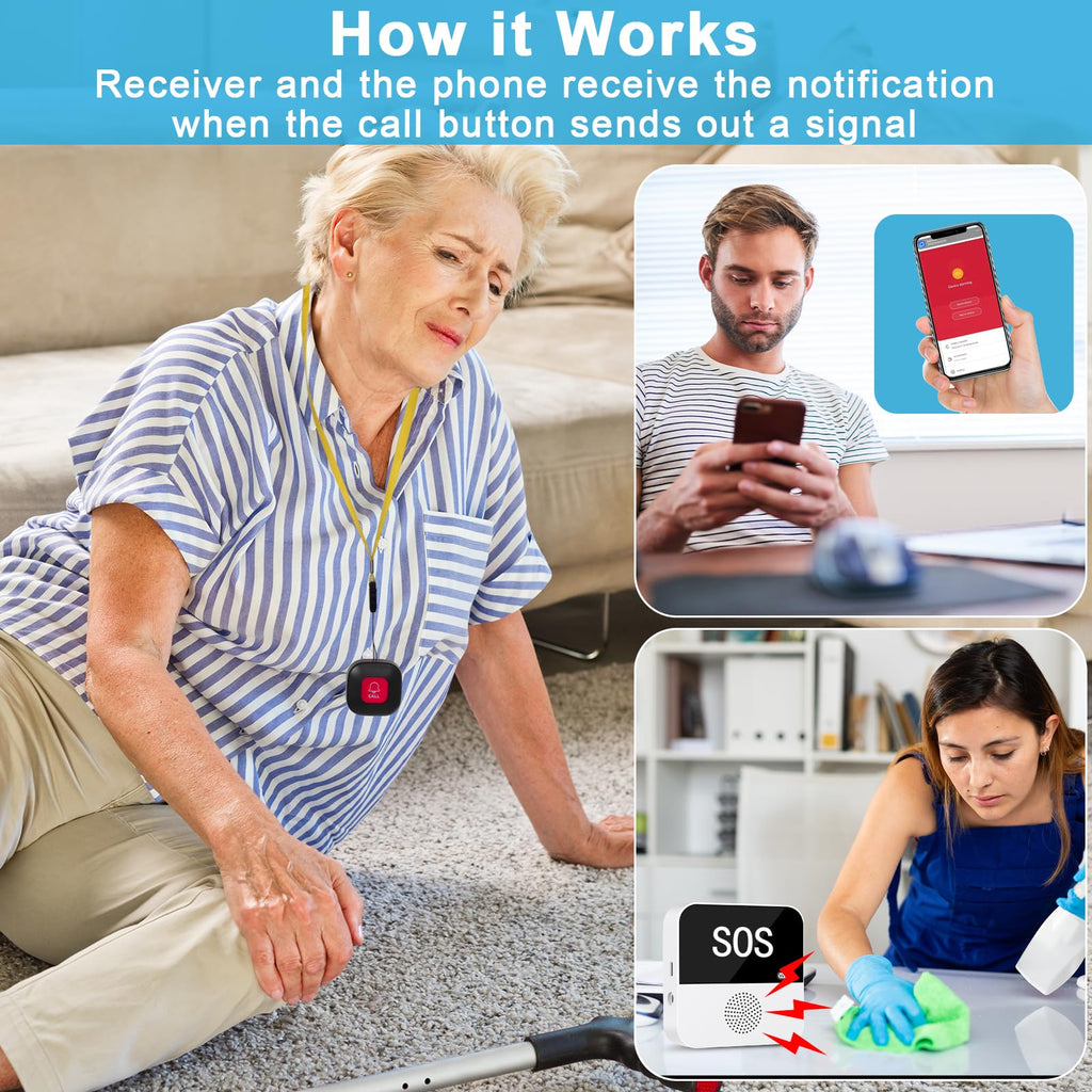 WiFi Wireless Caregiver Pager Call Button System Emergency Alert Button for Seniors Patient Disabled Elderly 1 Panic Button 1 Receiver(only Supports 2.4GHz Wi-Fi)