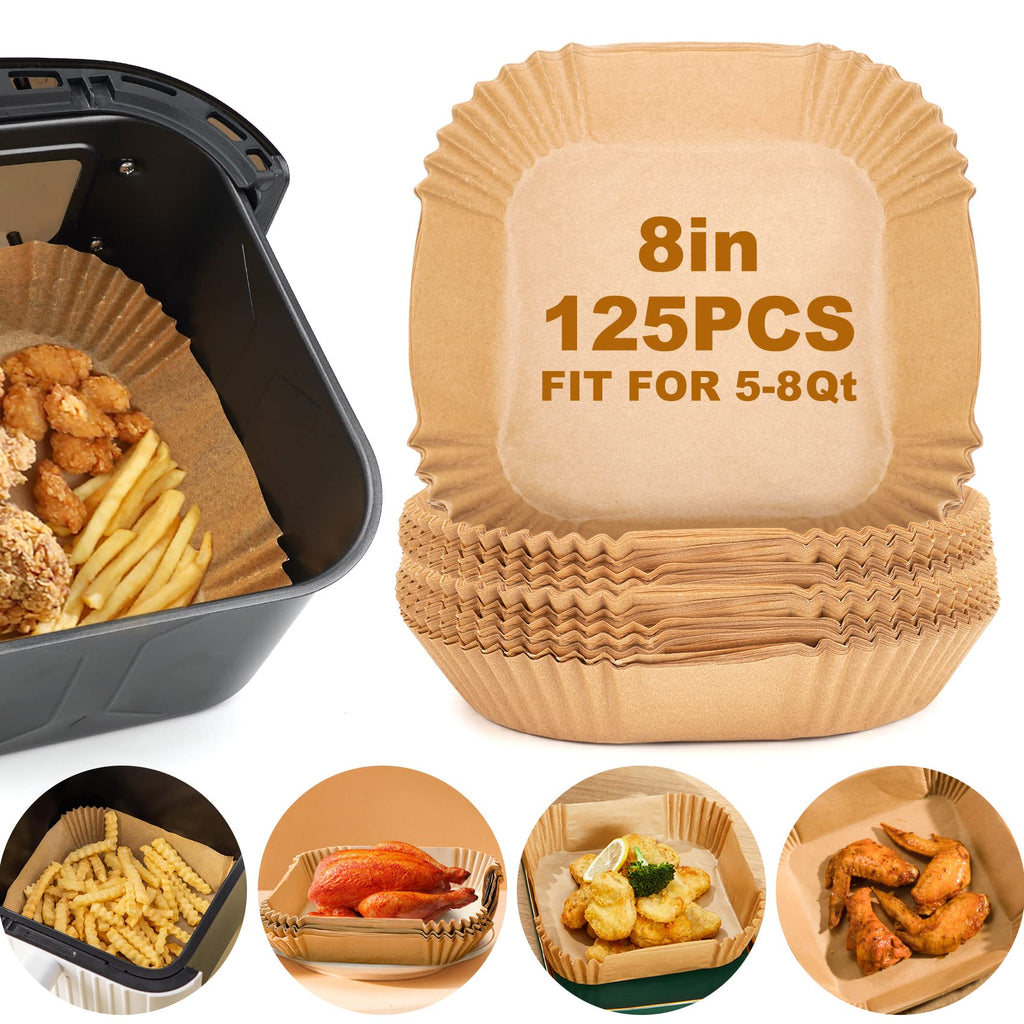 Air Fryer Paper Liners,125Pcs Parchment Paper, Air Fryer Disposable Paper Liner for Microwave, Non-Stick Air Fryer Liners Square Free of Bleach (8IN)
