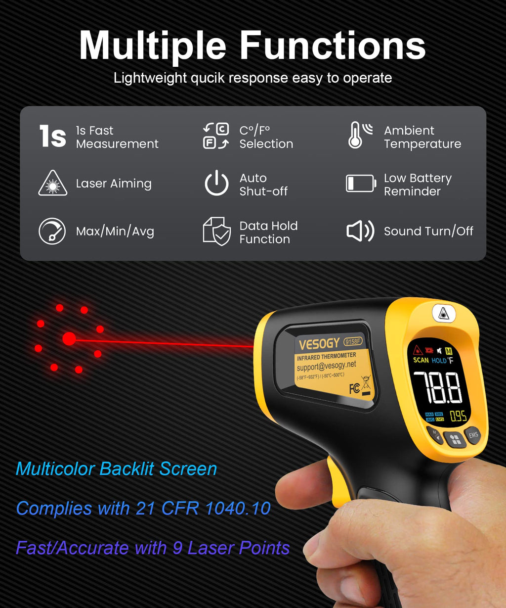 Infrared Thermometer Temperature Gun -58°F ~932°F, Digital Laser Thermometer Gun for Cooking, Pizza Oven, Grill & Engine, IR Thermometer Temp Gun with Adjustable Emissivity & Max-Min Measure