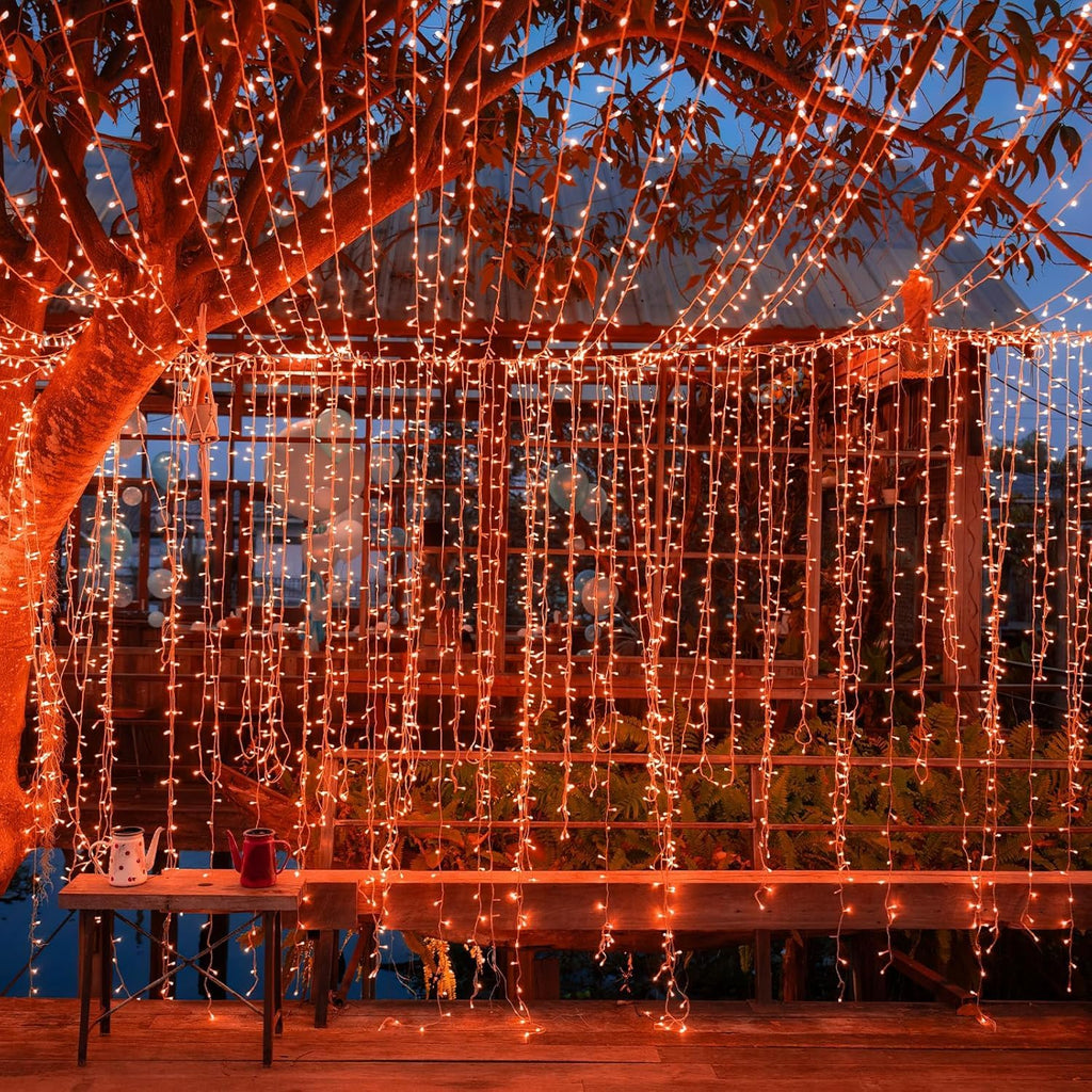 Twinkle Star 300 LED Window Fairy Curtain String Lights, 8 Modes Fairy Lights for Halloween Christmas Bedroom Wedding Party Home Garden Outdoor Indoor Wall Decorations, Orange, 2 Pack