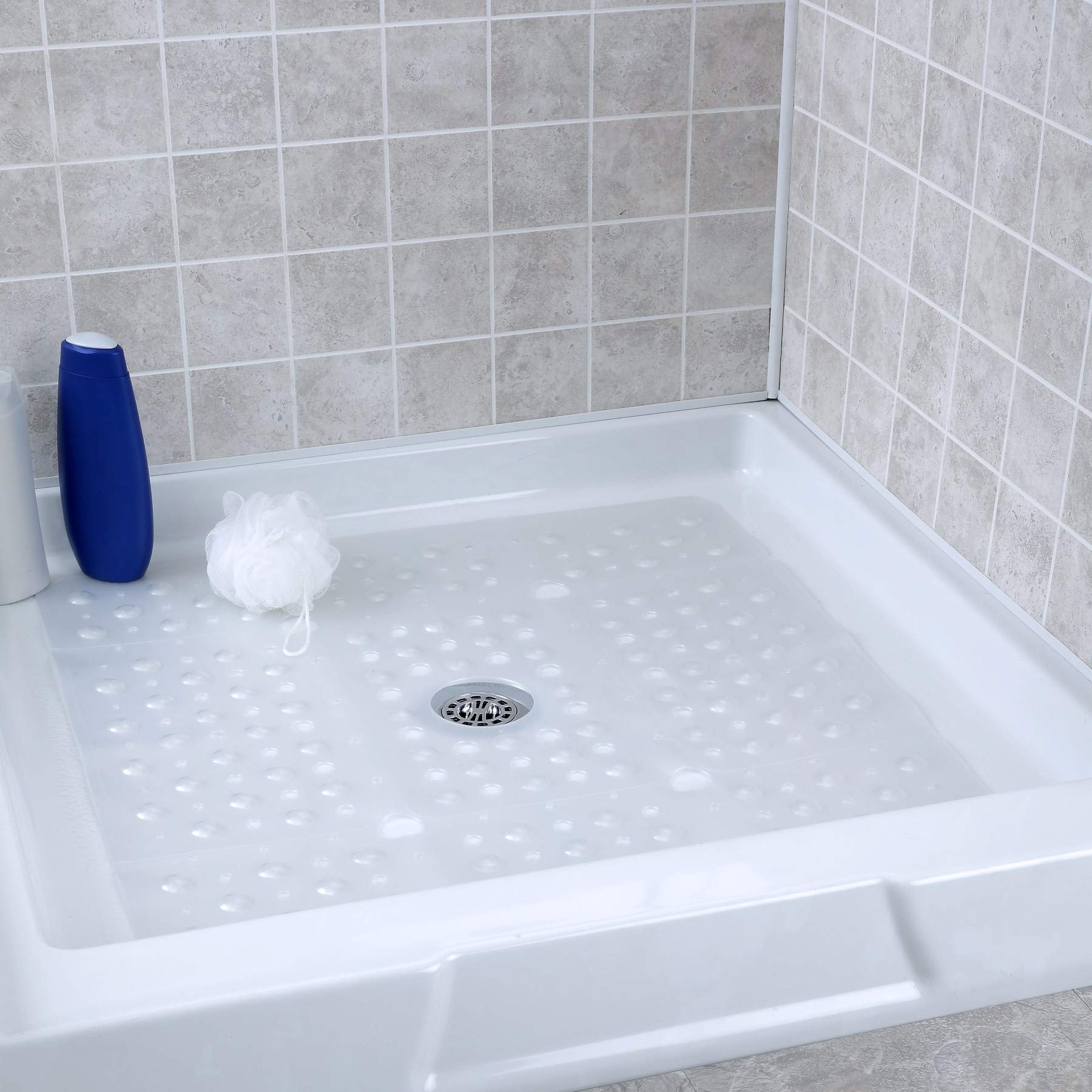 SlipX Solutions Extra Large Square Shower Mat, 27"x27", Non-Slip Stall Mat for Elderly & Kids Standing Bath Tub Mat, Machine Washable, Suction Cups, White Pearl