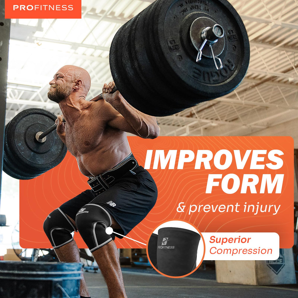 ProFitness Squat Knee Sleeves Men - 7mm Neoprene Knee Brace for Women Working Out for WOD, Gym, Squats & Weightlifting | Black/Black | Small