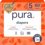 Pura Size 5 Eco-Friendly Diapers (24-35 lbs) Totally Chlorine Free (TCF) Hypoallergenic, Soft Organic Cotton, up to 12 Hours Leak Protection, Allergy UK, 3 Packs of 20 (60 Count)