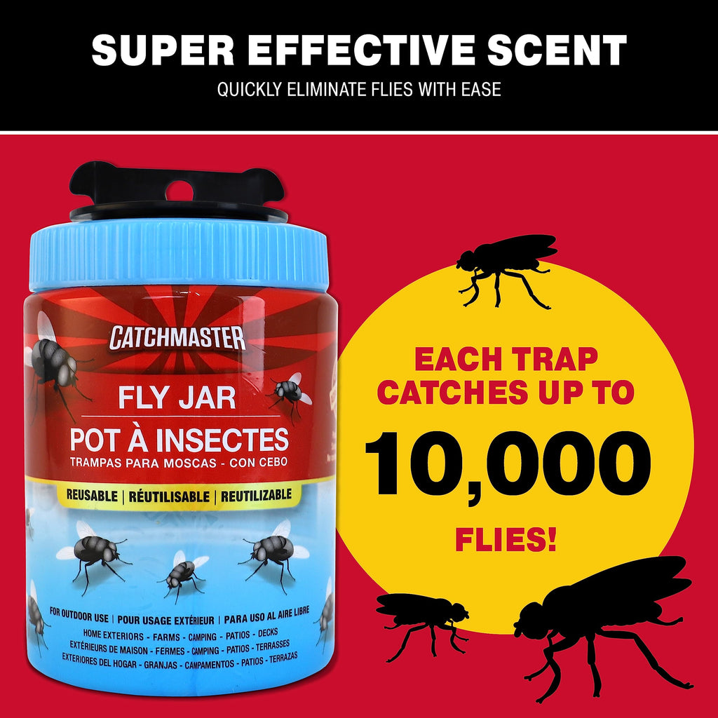 Catchmaster Reusable Fly Traps Outdoor Jar 3-Pack, Bug Catcher and Flying Insect Trap with Natural Attractant for Pest Control, Pet Safe, Non Toxic Bulk Fly Bait Traps