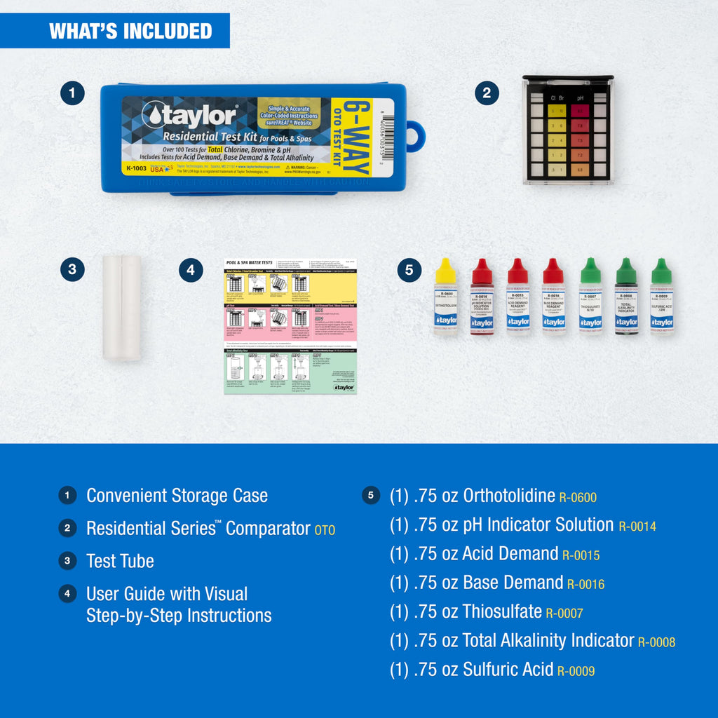 Taylor K-1003 OTO, 6-in-1 Pool Test Kit for for Total Chlorine, Bromine, pH, Acid & Base Demand, Total Alkalinity, 100+ Tests, Quick & Easy for Pools & Spas | Made in the USA