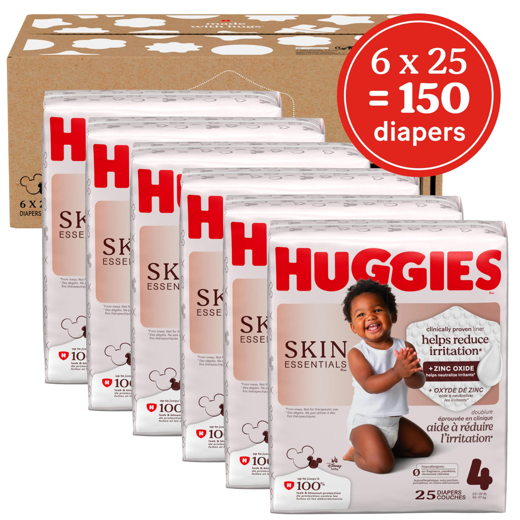 Huggies Size 4 Diapers, Skin Essentials Baby Diapers, Size 4 (22-37 lbs), 150 Count (6 Packs of 25), Packaging May Vary