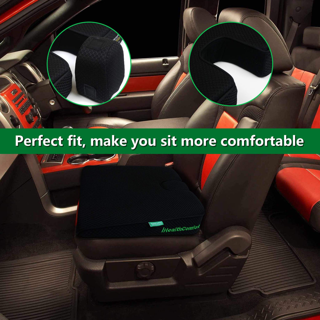 IHEALTHCOMFORT ( 16x13.7 inches Wedge Seat Cushion for Car and Truck,Portable Memory Foam Seat Cushion for Tailbone Stress Back Pain Relief