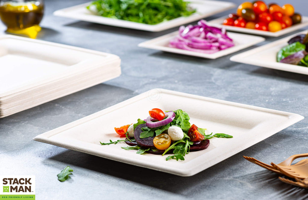 100% Compostable Square Paper Plates [50-Pack] - {PFAS-Free} - {BPI Certified} - [10 Inch] Heavy Duty, Eco-Friendly, Biodegradable Bagasse Dinner Plates - Natural Brown 10" Plate by Stack Man