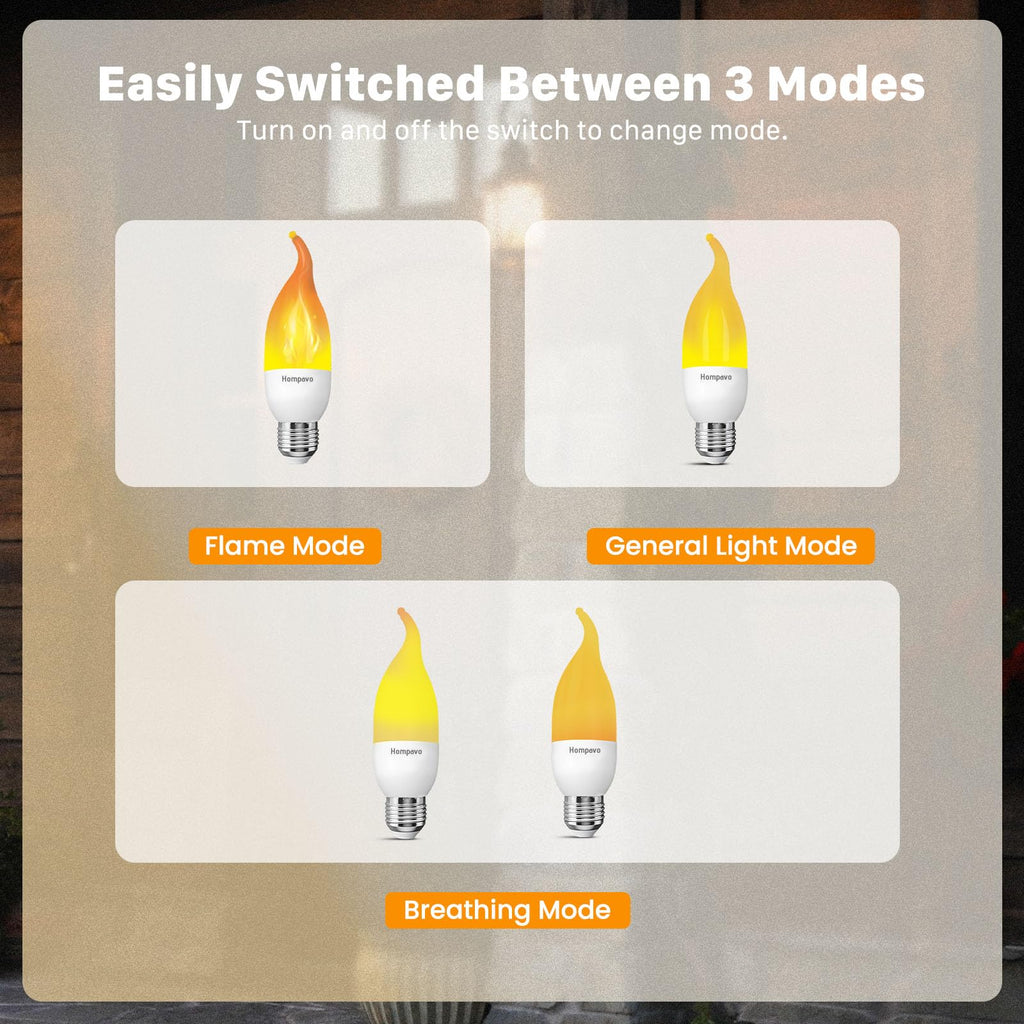 Hompavo Upgraded LED Flame Light Bulbs, 3 Modes Flickering Light Bulbs, E26 Chandelier Base Candle Fire Light Bulb for Halloween Christmas Party Porch Indoor & Outdoor Home Decoration - 6 Pack