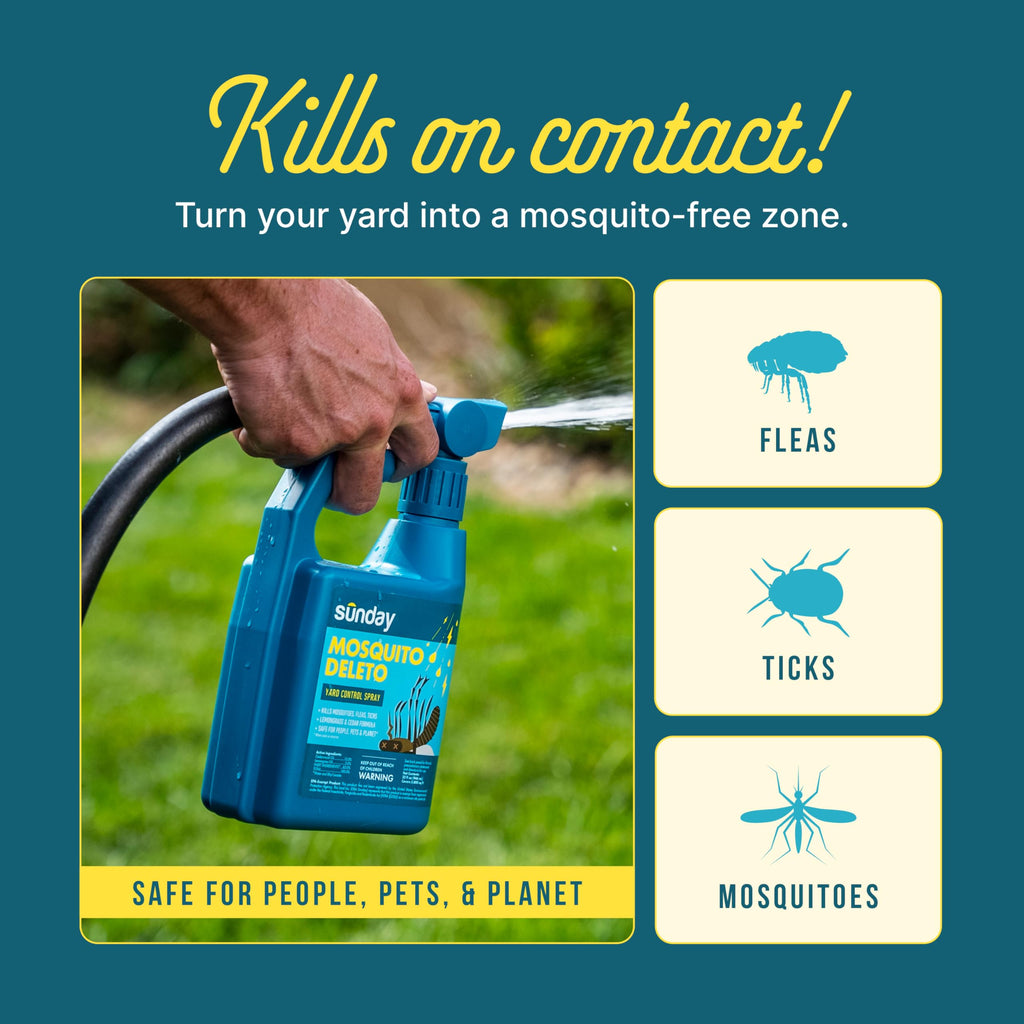 Sunday Mosquito Deleto - Mosquito Repellent & Bug Control Spray - Concentrated Lemongrass & Cedar Oils - for Mosquitoes, Fleas, & Ticks - Lasts up to 4 Weeks - Hose-On Sprayer, 32 Fl Oz