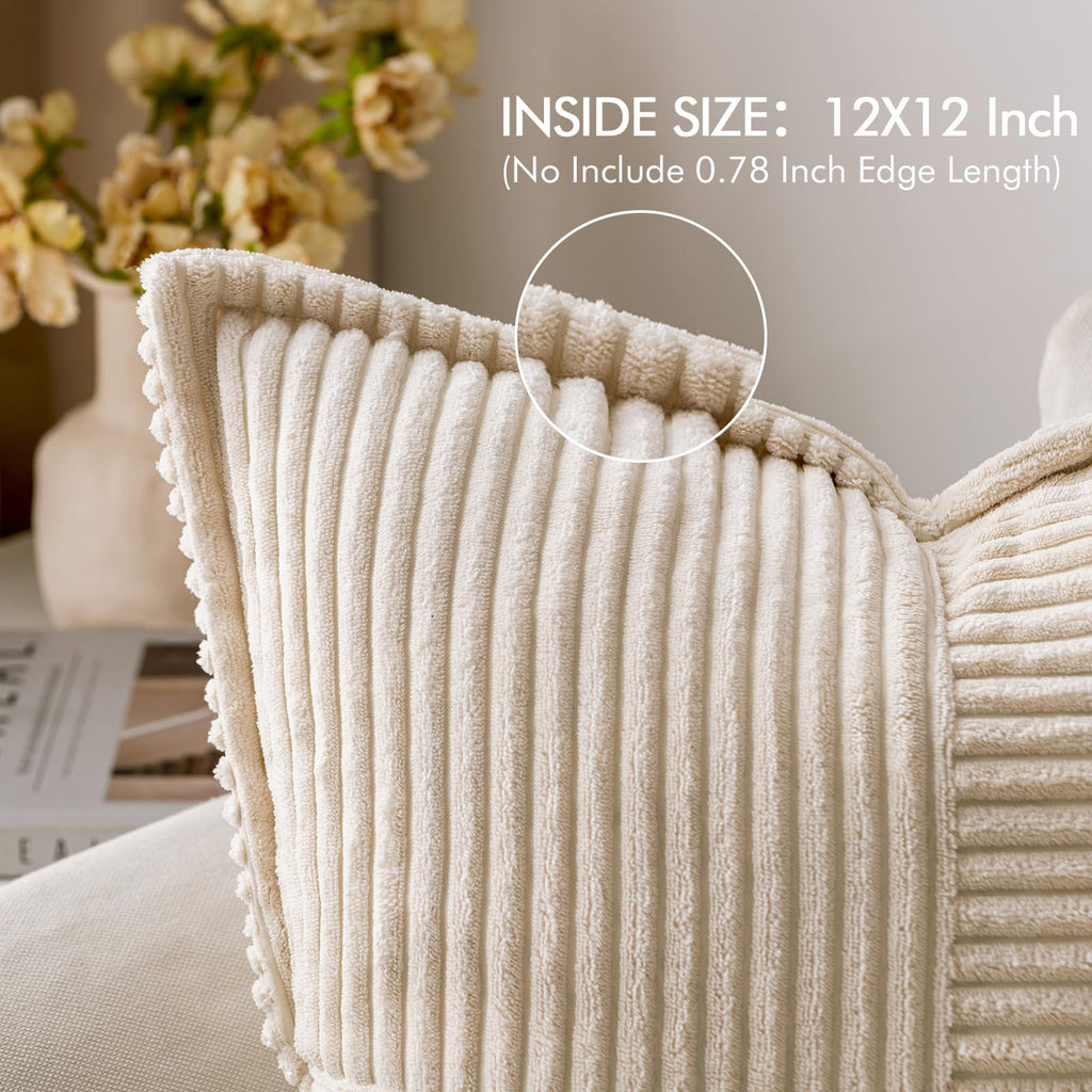 MIULEE Beige Corduroy Pillow Covers 12x12 inch with Splicing Set of 2 Super Soft Boho Striped Christmas Pillow Covers Broadside Decorative Textured Throw Pillows for Couch Cushion Livingroom