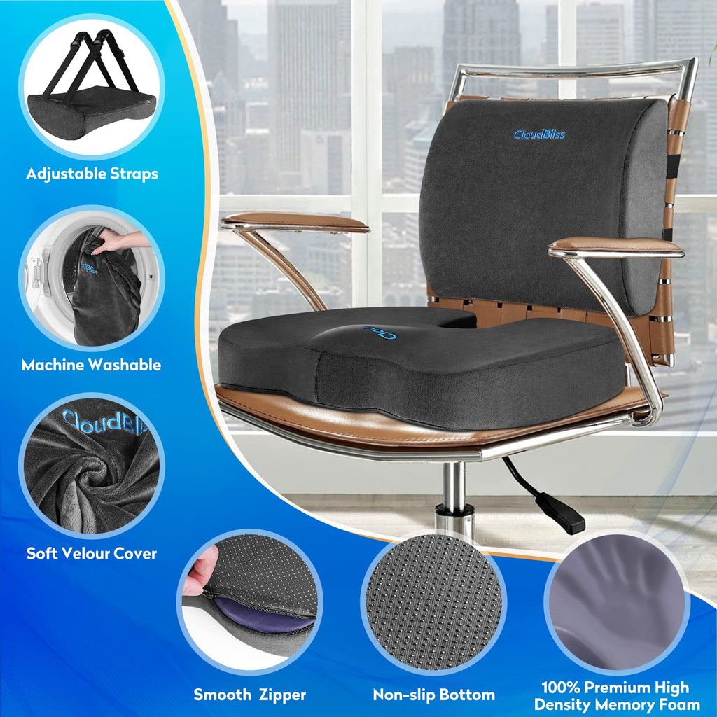 CloudBliss Seat Cushion,Office Chair Cushion,Car Seat Cushion,Lumbar Support Pillow for Office Chair,Back Support Memory Foam Pillow Coccyx Cushion for Tailbone Pain&Sciatica Pain Relief,Grey,X-Large