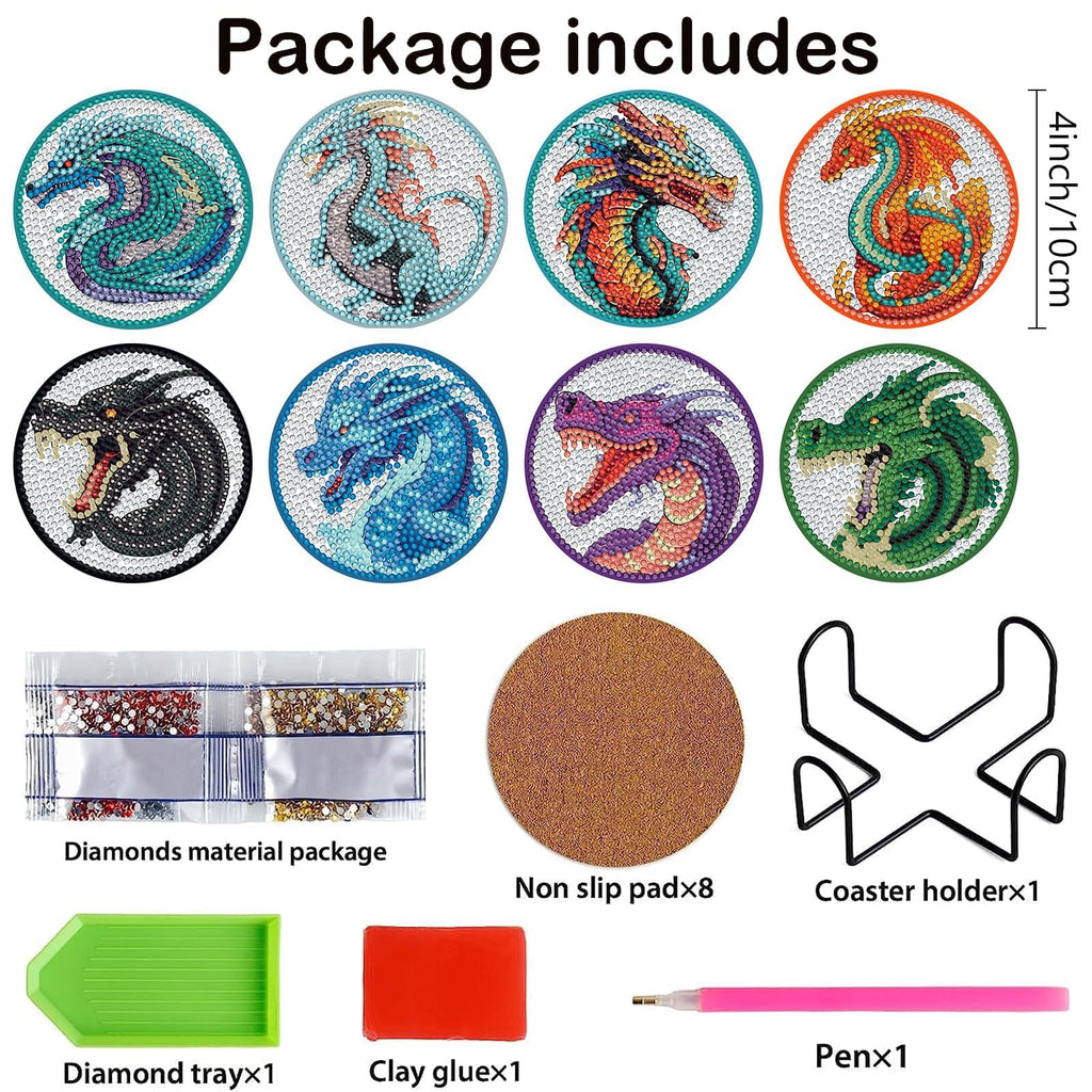 8 Pieces Dragon Diamond Coasters Kits with Holder DIY 3D Dragon Diamond Art Coaster Non Slip Coaster for Adults Diamond Kits Supplies for Christmas Gift