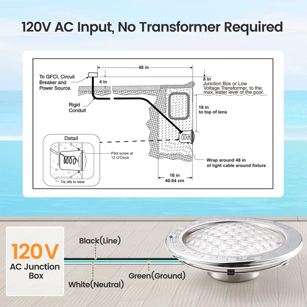 SURAIELEC Pool Lights for Inground Pool, 10 Inch 120V LED Underwater Light, 35W (300W Equivalent), 4000LM, Cool White 6000K, Fits 10" Large Wet Niches, Stainless Steel Housing, 50FT Cord