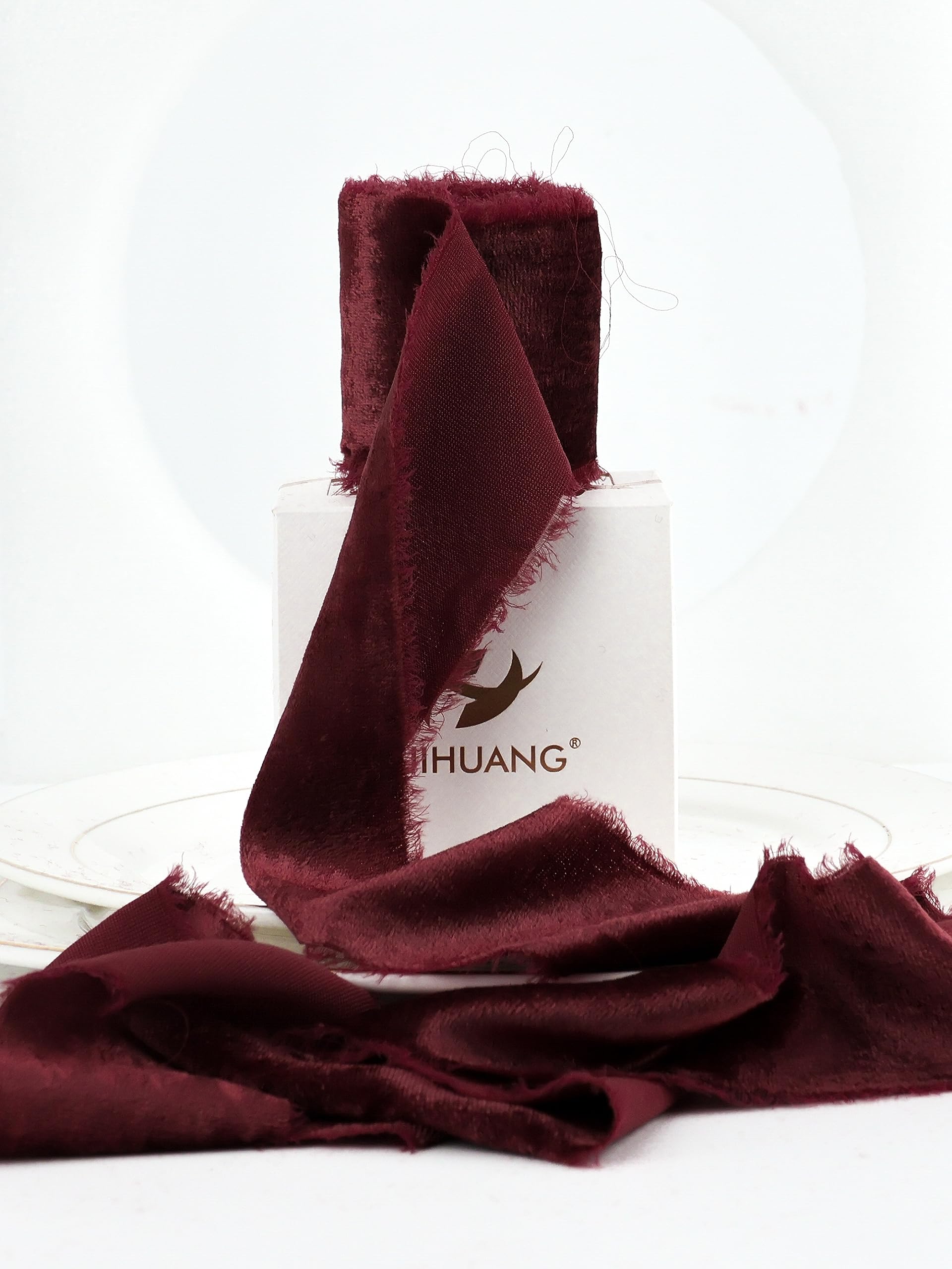 HUIHUANG Burgundy Velvet Ribbon 2 inch Frayed Silk Velvet Fringe Ribbon for Flower Bouquet, Gift Wrapping, Invitations, Holiday Christmas Decor, Wedding Bridal Shower Decor-3 Yards