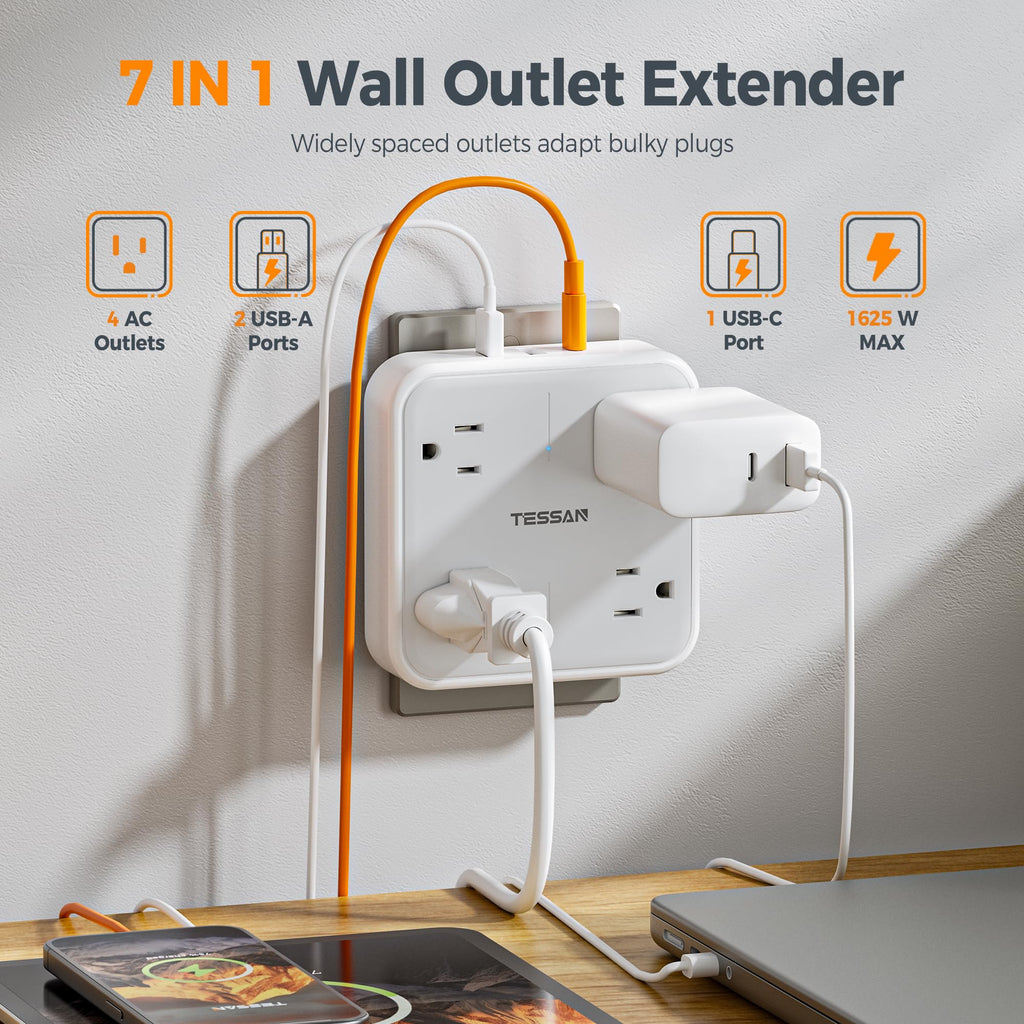 TESSAN Multi Plug Outlet Extender, Outlet Splitter with 3 USB (1 USB C Port) Wall Charger, Multiple Outlet Wall Plug, USB Outlet for Home, Bathroom, Office, Dorm Room Essentials, Gray