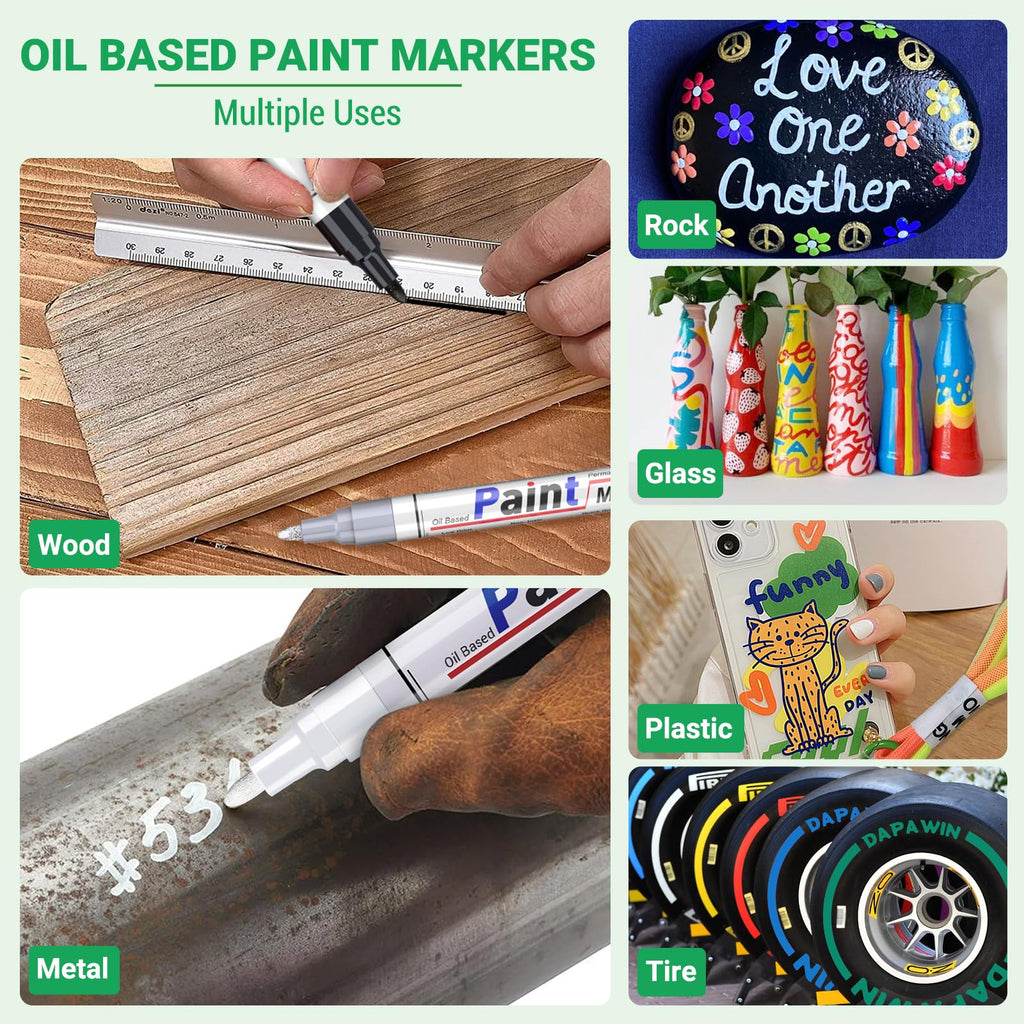 Oil Based Paint Pen, Permanent Paint Marker: Quick-Dry, Waterproof Paint Set of 12 for Rock Painting, Glass, Fabric, Ceramic, Wood, Metal, Mug, Plastic, Stone, Christmas Stencil Art Craft Supplies Kit
