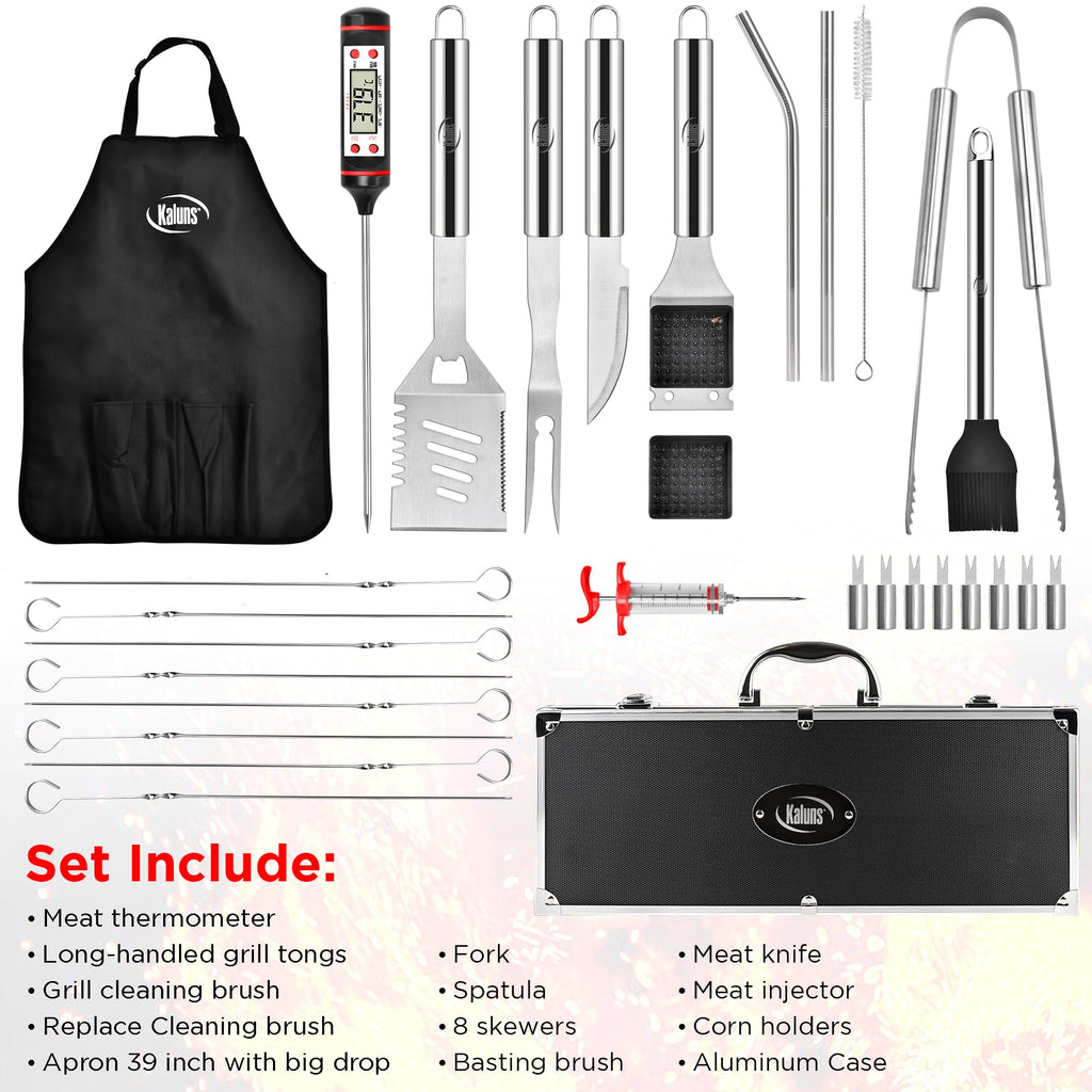 Kaluns 32 Psc Grilling Accessories, Dad Gifts for Fathers Day, Heavy Duty Stainless Steel Grill Set BBQ Grill Accessories for Outdoor Grill with Aluminum Case and Apron, Best Gifts for Men