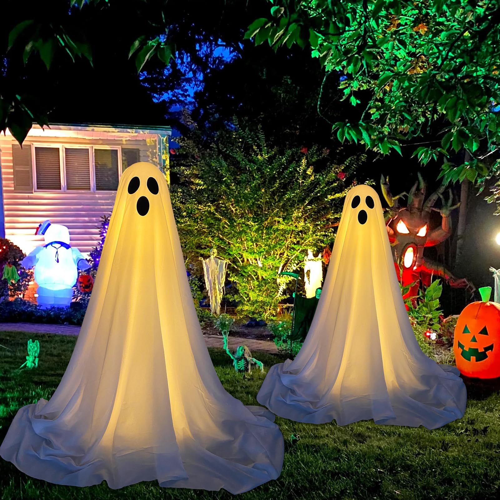 DAZONGE 2 Packs Halloween Decorations Outdoor, Spooky Ghost Halloween Decor with String Lights Battery Operated, Easy to Assemble Ghost Decorations for Front Porch Yard