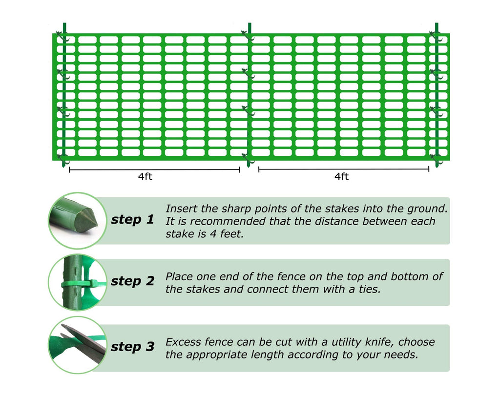 Garden Fence,Snow Fence,Plastic Safety Fence+25 Steel Plant Stakes,Patio Snow Fence 40 Inches X 100 Feet Green Plastic Garden Netting and 25 4-Foot Stakes