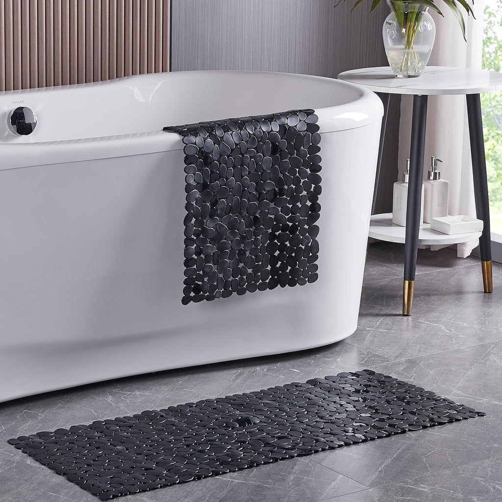Webos Bath Shower Mat Non Slip: Extra Large Pebble Bathtub mat for Kids, Elderly, Anti Slip Shower Matt with Drain Holes Suction Cups Tub Mat - 16 X 40 Inch Black