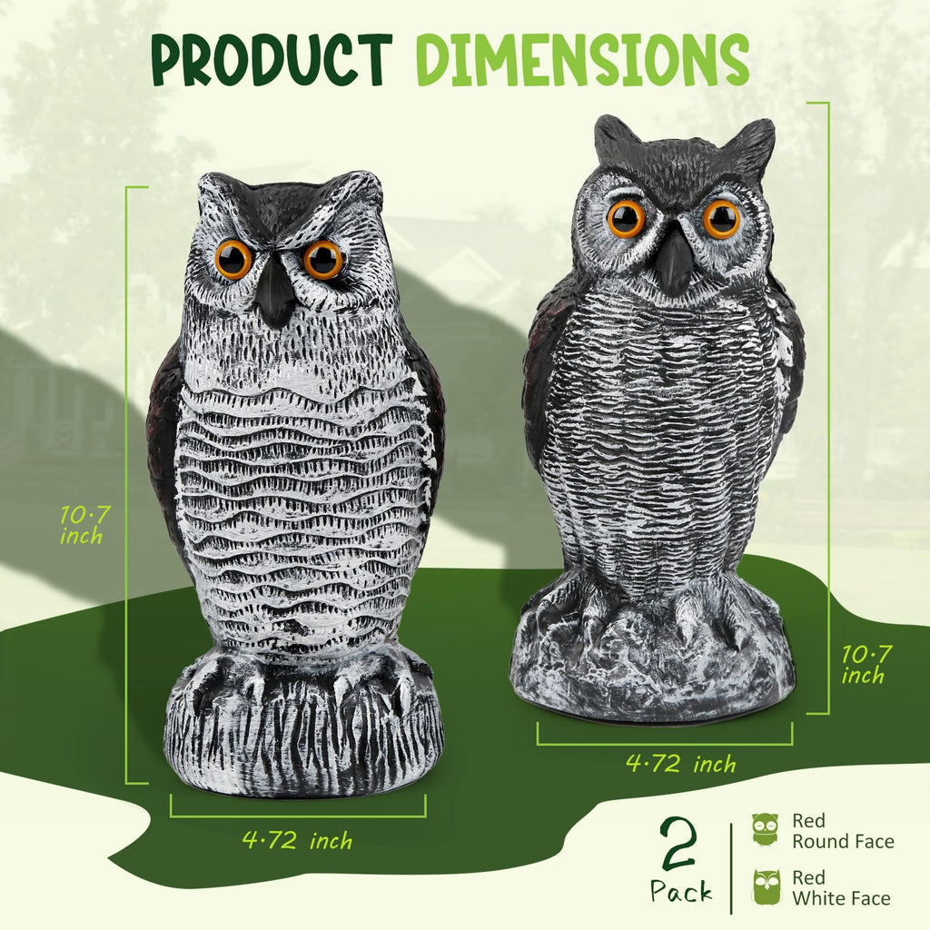 TRAYDER 2 Pack Fake Owl Decoys Large, 10.7" Outdoor Decorations Anti Bird Repellent Owls for Garden Deterrent, Scarecrow Horned Owl Statue Decoy to Scare Birds Away, Suit Backyard, Patio Decor