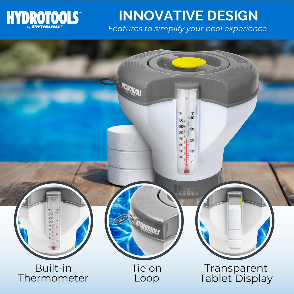SWIMLINE HYDROTOOLS Smart Chlorine Floater Dispenser for Above Ground & Inground Pools Spas W/Thermometer | Tablet Refill Indicator & Tongs | Large Adjustable Floating 3-Inch Chlorine Bromine Tabs