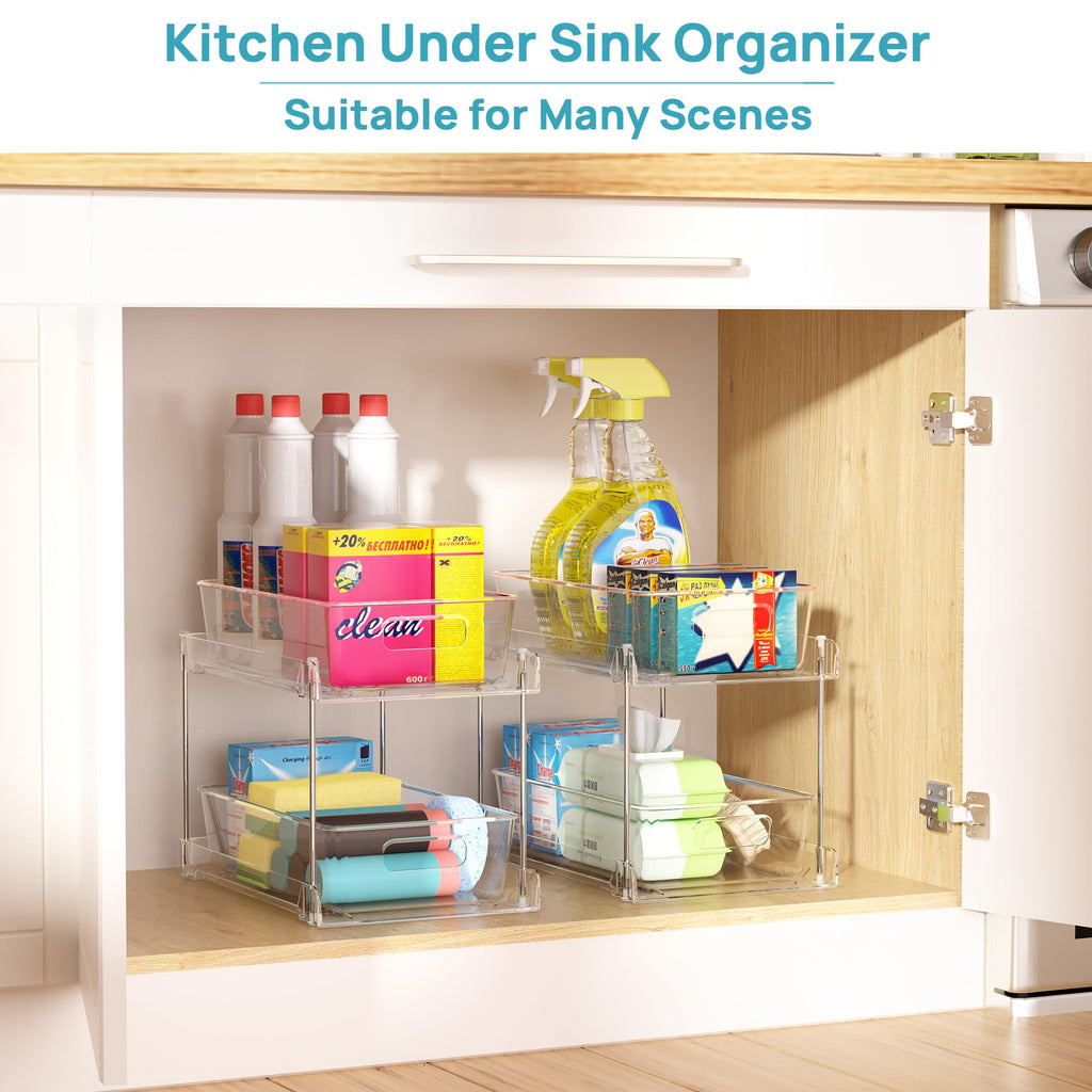 Vtopmart 2 Tier Bathroom Storage Organizer, 4 Pack Clear Under Sink Organizers Vanity Countertop Storage Container, Medicine Cabinet Drawers Bins, Pull-Out Organization with Track for Pantry, Kitchen