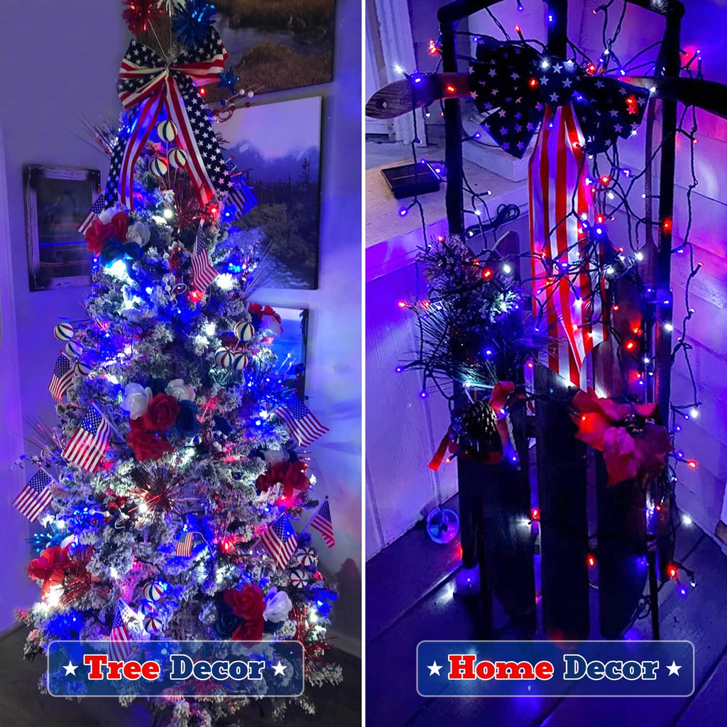 JMEXSUSS 2 Pack Red White and Blue Solar Lights, 200LED 75.5ft Patriot Solar String Lights Outdoor Waterproof, 8 Modes 4th of July Light for Independence Day Patio Garden Tree Decorations