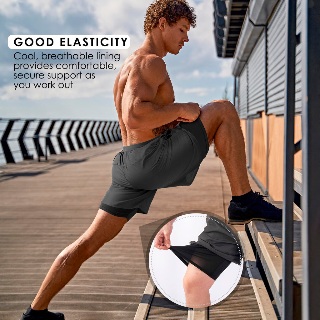 Men's 2 in 1 Running Shorts Workout Athletic Shorts Outdoor Sports with Liner Lightweight Training Yoga Gym Shorts with Phone Pockets Dark Gray