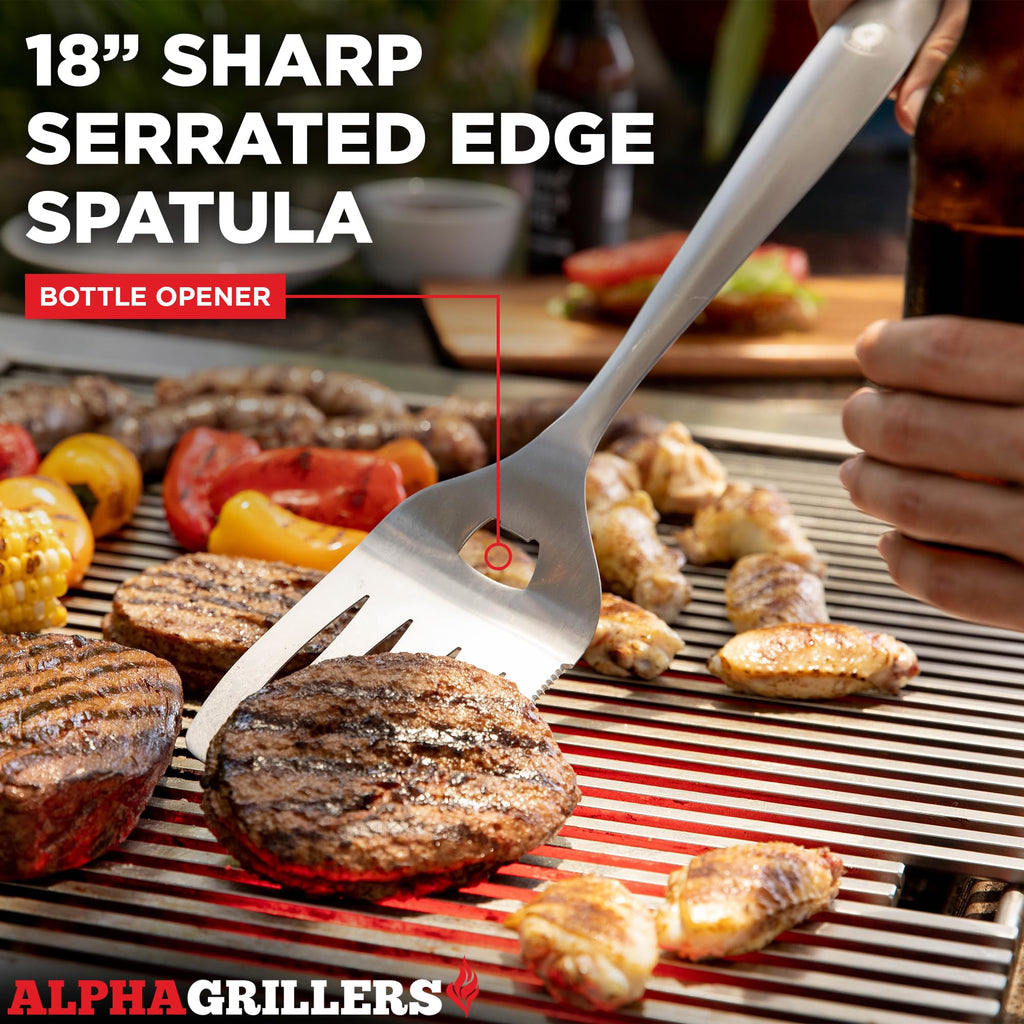 Alpha Grillers Grilling Accessories - BBQ Accessories Grill Set with Spatula, Fork, Brush & Tongs - Outdoor Barbecue Utensils Fathers Day Gift for Dad Husband Men Him Boyfriend
