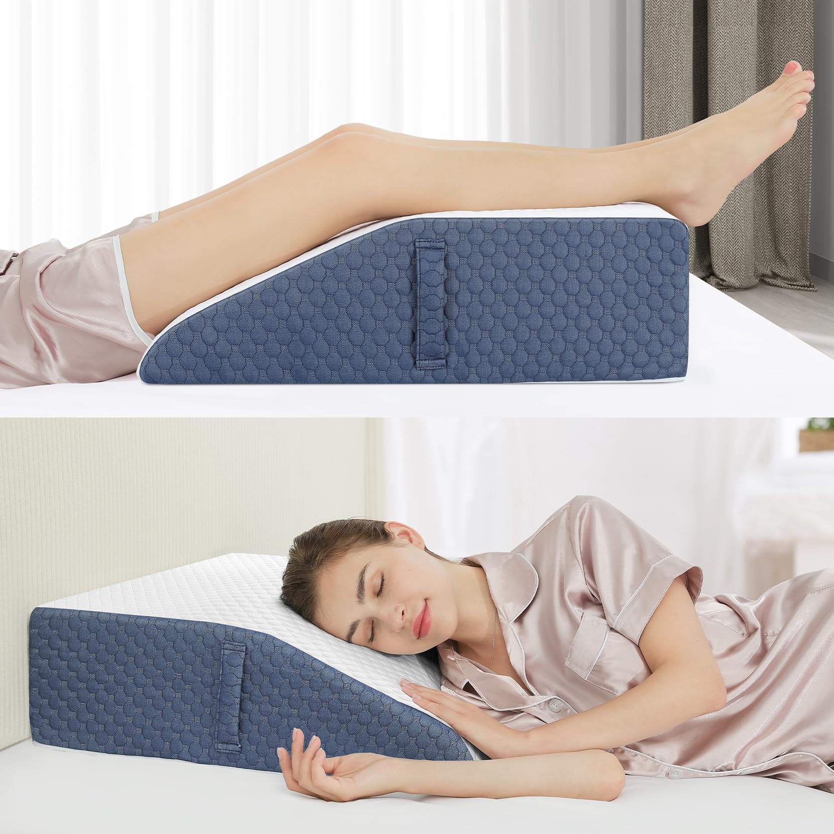 Welzona 8inch Wedge Pillow for Legs, Gel-Infused Memory Top Foam Layer Bed Wedge Pillow for Leg, Knee, Ankle, Triangle Leg Pillow Wedge for Side Sleeping, White/Navy Blue