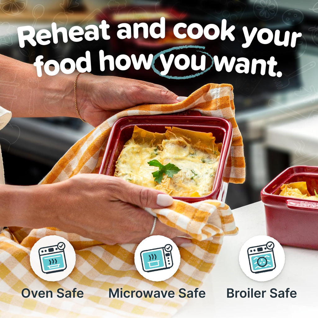 Souper Cubes Stoneware - 5" x 5" Baking Dishes for Oven with Silicone Covers, Premium Mini Ceramic Baking Dishes, Perfect for Reheating Individual Portions in Oven or Microwave, Set of 2 - Cranberry