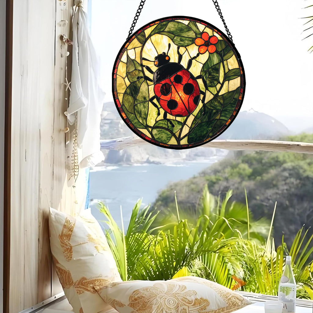 AMDERVEN Stained Glass Window Hanging - Red Ladybug Green Plant Flower Sun Catcher for Door Home Decor Insect Suncatcher Christmas Mother's Day Birthday Gifts for Women Men Mom Nana 6.3 in