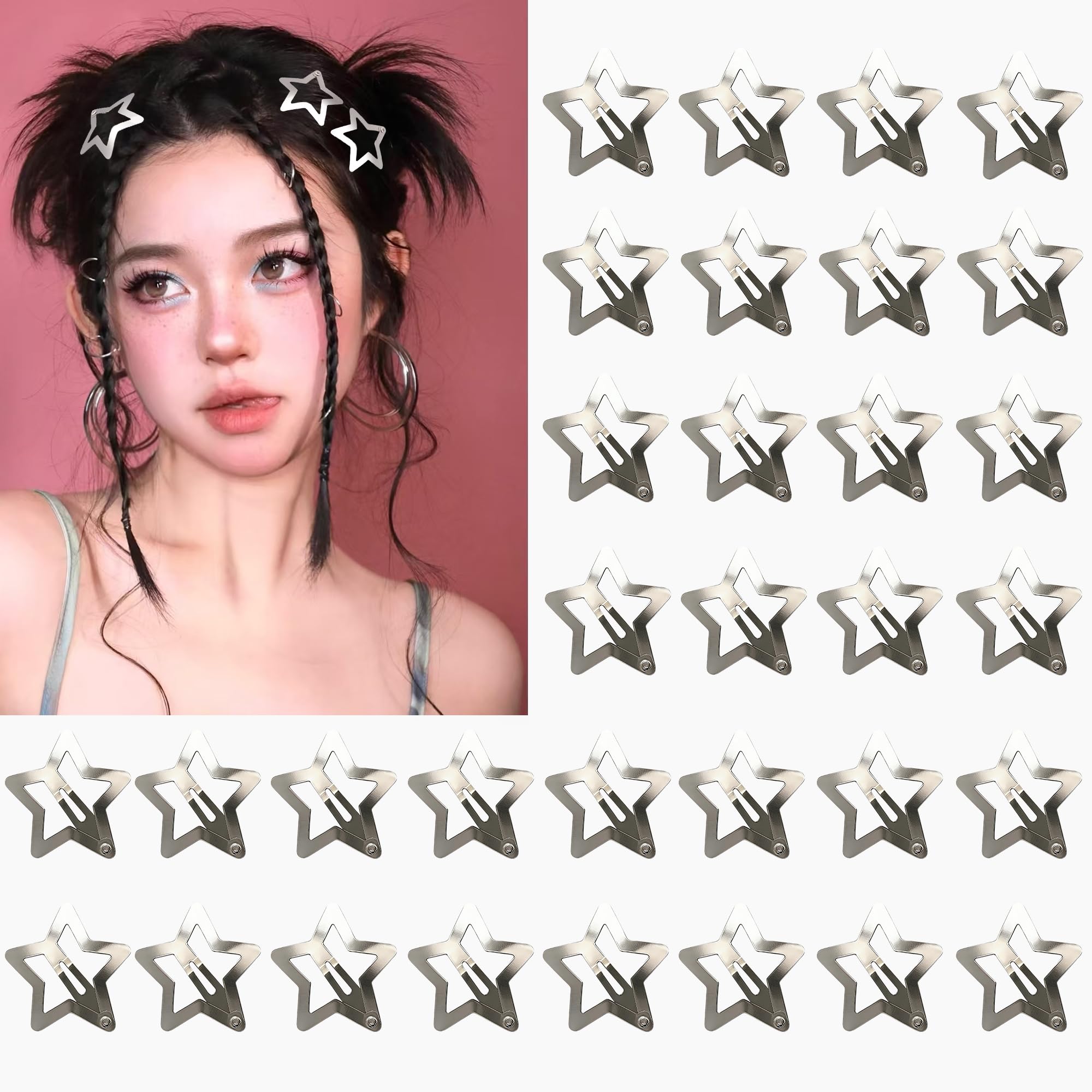 32 PCS 1.22" Star Hair Clips, Y2K Accessories, Non-Slip Metal Snap Silver Barrettes for Kids & Girls & Women kpop Styling