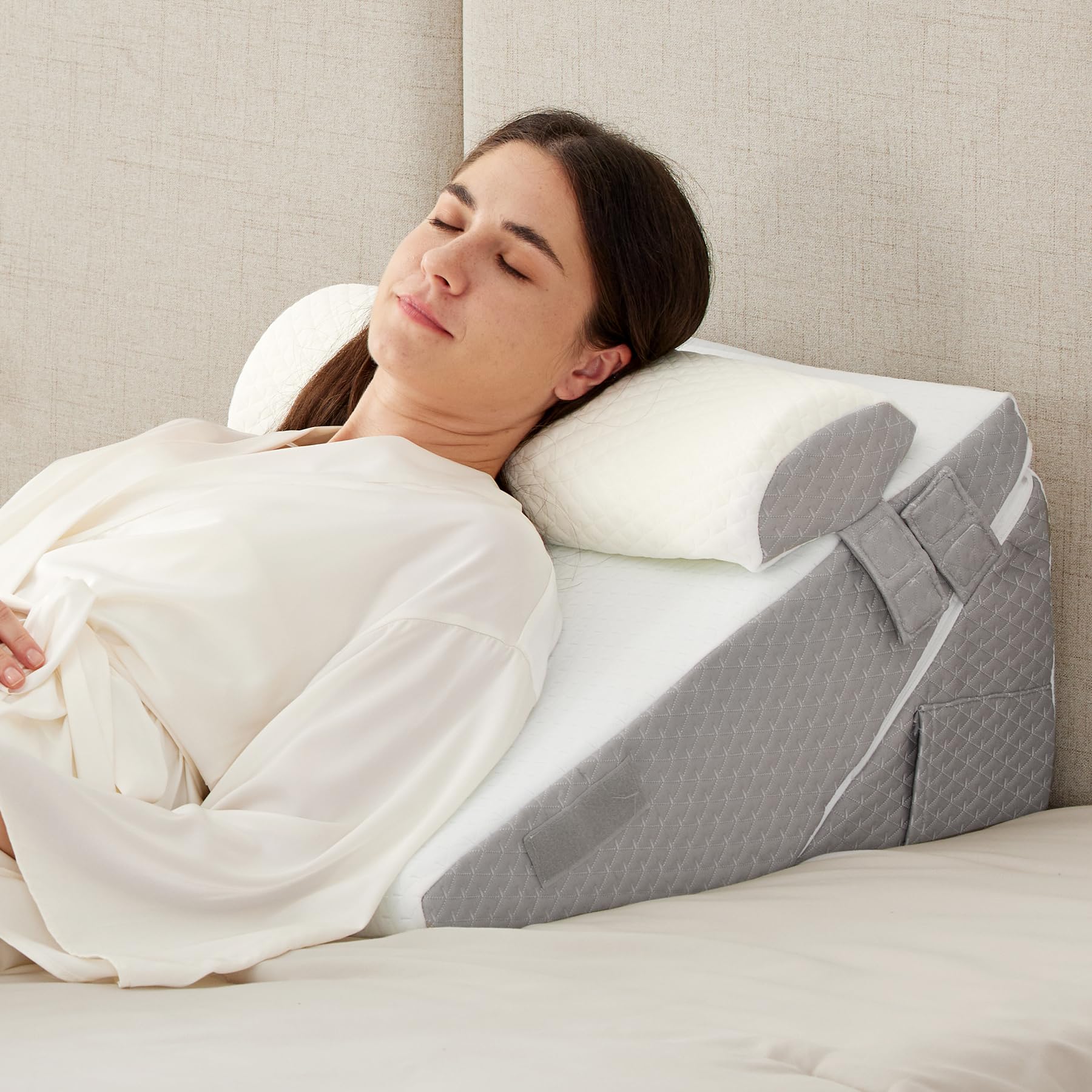 Ruqmuis 3PCS Wedge Pillow Set for After Surgery, Wedge Pillow Headboard, Adjustable 9&12 Inch Sleeping Wedge, Acid Reflux, Orthopedic Pillow Wedge for Back Pain Relief, Gerd, White/Grey