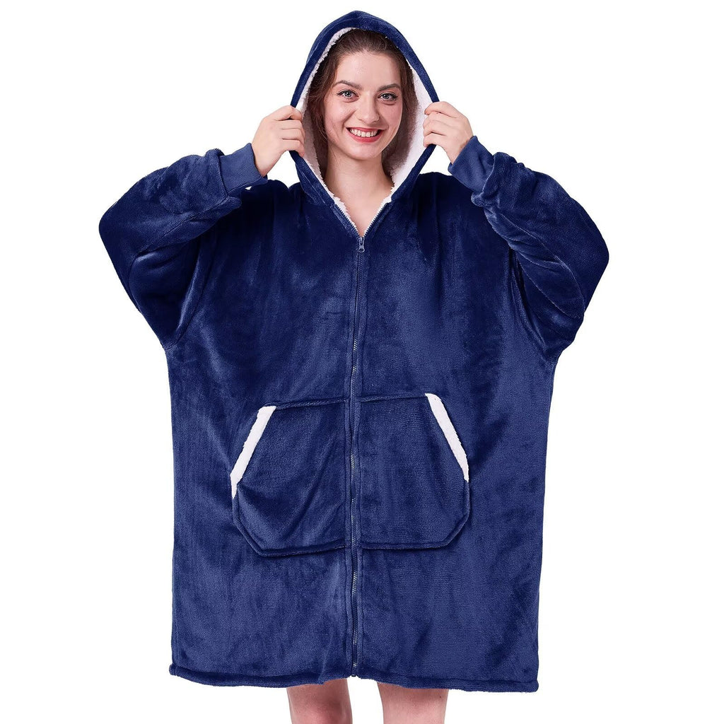 JOYWOO Wearable Blanket Hoodie, Oversized Hooded Blanket for Adult, Birthday Christmas Gifts for Women Men, Cozy Fuzzy Sherpa Sweatshirt Blanket with Giant Pocket and Zipper, Navy Blue