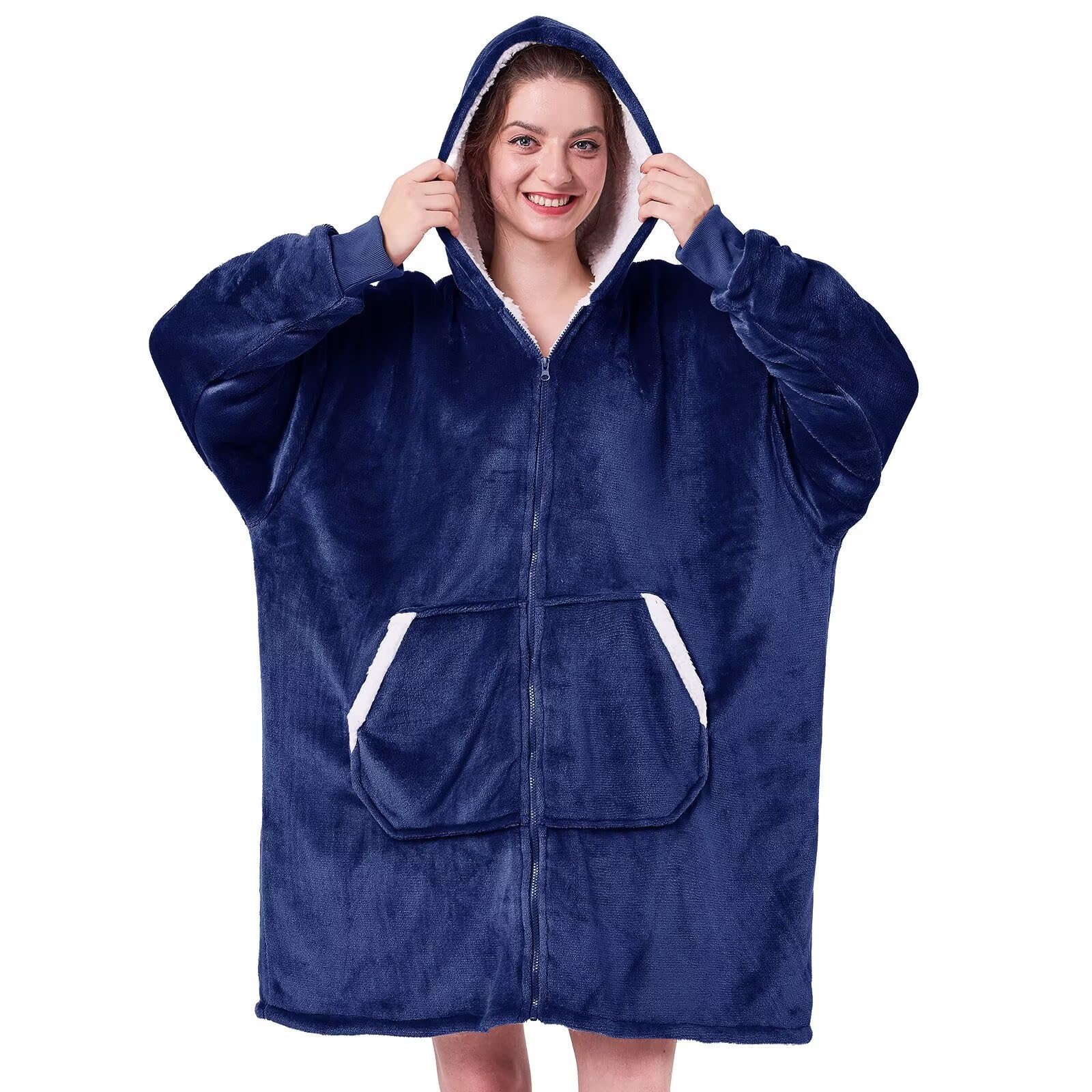 JOYWOO Wearable Blanket Hoodie, Oversized Hooded Blanket for Adult, Birthday Christmas Gifts for Women Men, Cozy Fuzzy Sherpa Sweatshirt Blanket with Giant Pocket and Zipper, Navy Blue