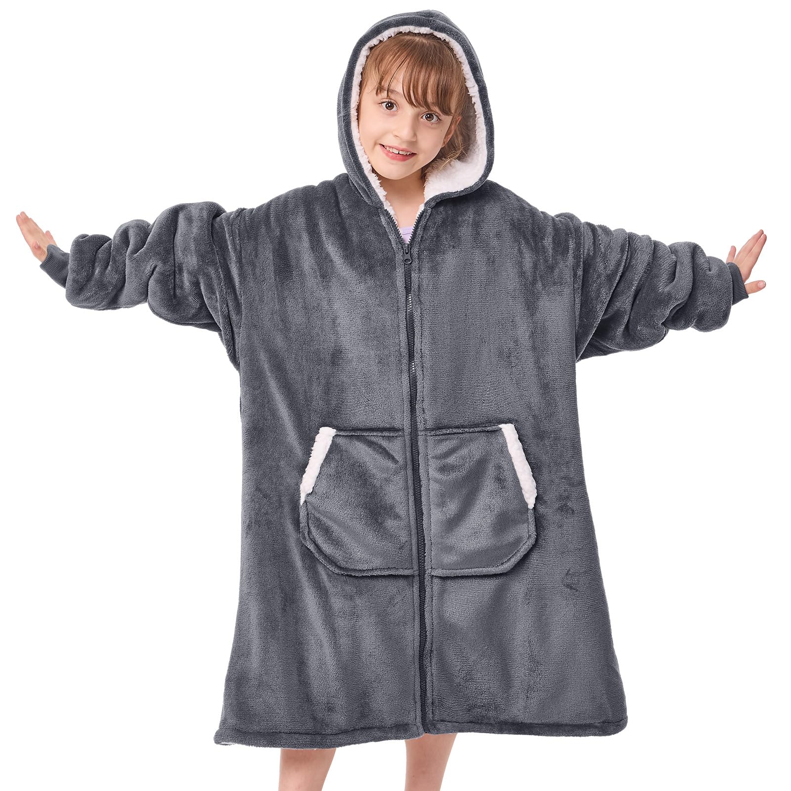 JOYWOO Kids Wearable Blanket Hoodie, Oversized Sherpa Hooded Blanket Birthday Christmas Gifts for Girl Boy, Cozy Sweatshirt Blanket with Giant Pocket and Zipper, Gray