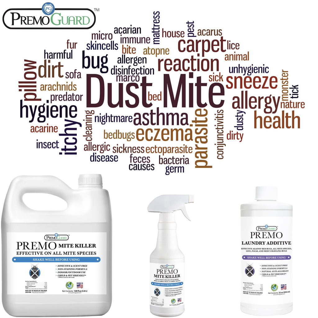 Mite Killer Spray by Premo Guard – 32 oz – Treatment for Dust Spider Bird Rat Mouse Carpet and Scabies Mites – Fast Acting 100% Effective – Child & Pet Safe – Best Natural Extended Protection
