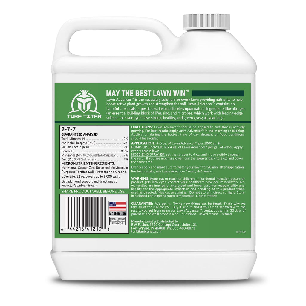 Turf Titan Lawn Advancer – Green Lawn Booster and Lawn Fertilizer (32 oz) – Fast Acting Grass Fertilizer w/Tri-Action Formula – Fertilizer Concentrate for Grass Growth - Covers up to 8,000 Sq Ft