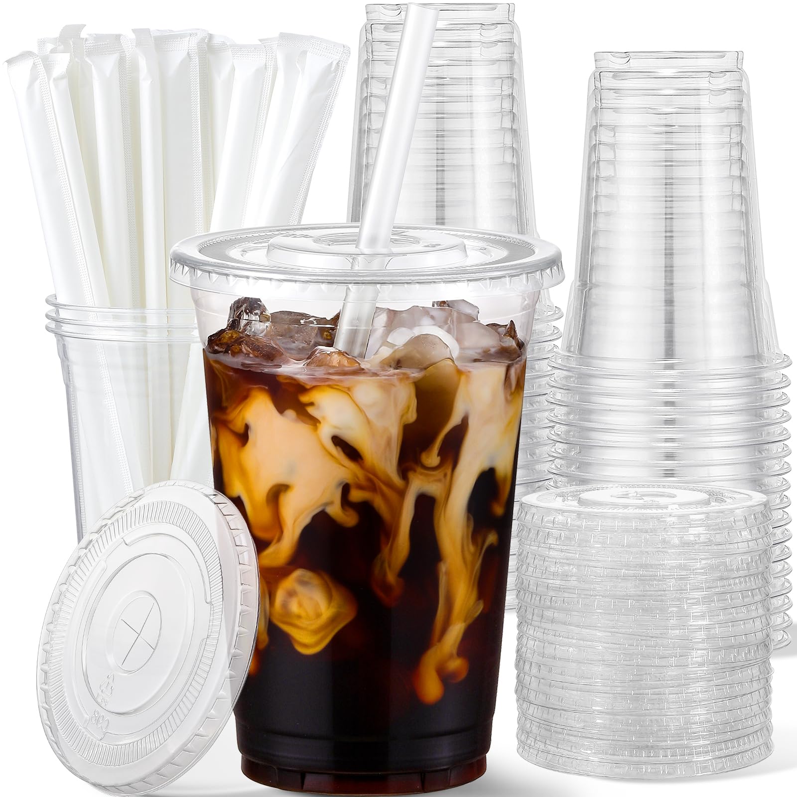 25 Pack - 16 oz Plastic Cups with Lids and Straws, Clear Iced Coffee Cups with Lids, Disposable Cups with Lids for Cold Drinks, Iced Tea, Milkshakes, Smoothies - Durable & BPA Free