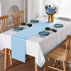 12Pack Disposable Plastic Tablecloths and Satin Table Runner Set White and Light Blue Dot Tablecloth Light Blue Satin Table Runner for Wedding Birthday Baby Shower Engagement Christmas Party Supplies