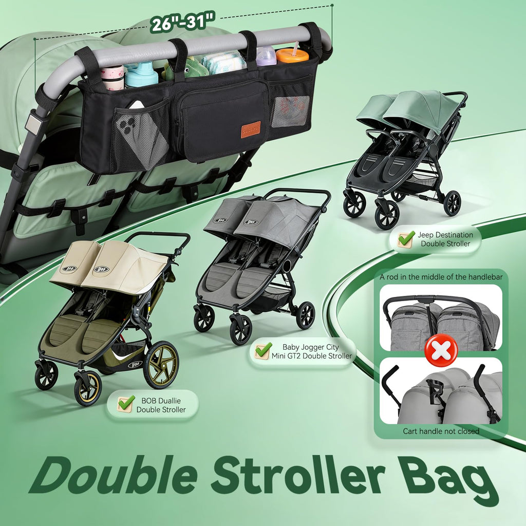 Guiseapue Double Stroller Organizer with 2 Insulated Cup Holders: Parent Console Double Jogging Stroller Accessories Fits for Baby Jogger City Mini GT2 and Jeep Double Stroller