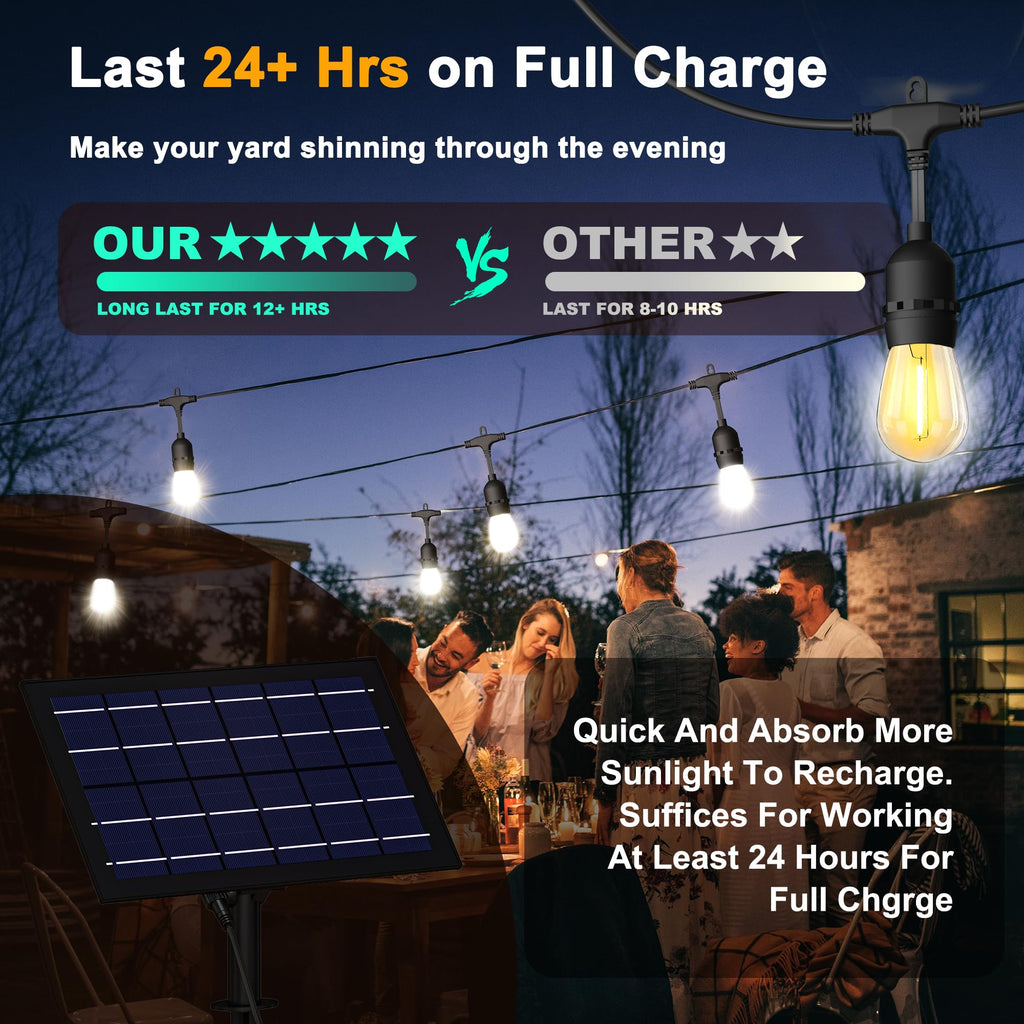 Stright Solar Powered String Light 100FT with Remote Control 8 Light Modes, Weatherproof Shatterproof S14 LED Bulb 30 Sockets for Backyard Porch Cafe Halloween Christmas Decorations