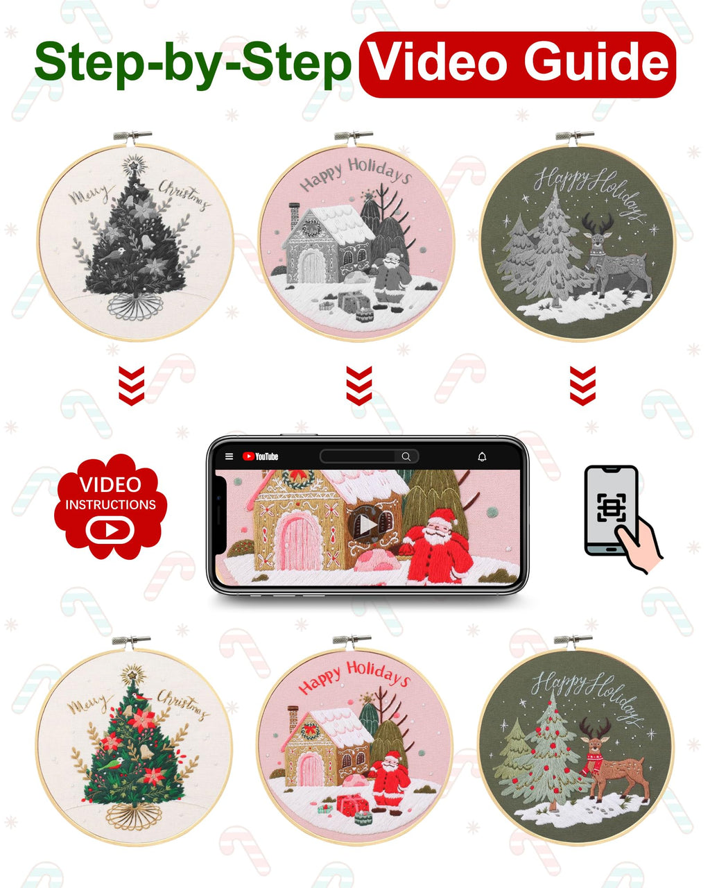 Santune Embroidery Kit - 3pcs Christmas Embroidery Patterns for Beginners with Instructions Cross Stitch Kits for Adults with 1 Embroidery Hoops, Color Threads and Needles, Good Hobbies for Women