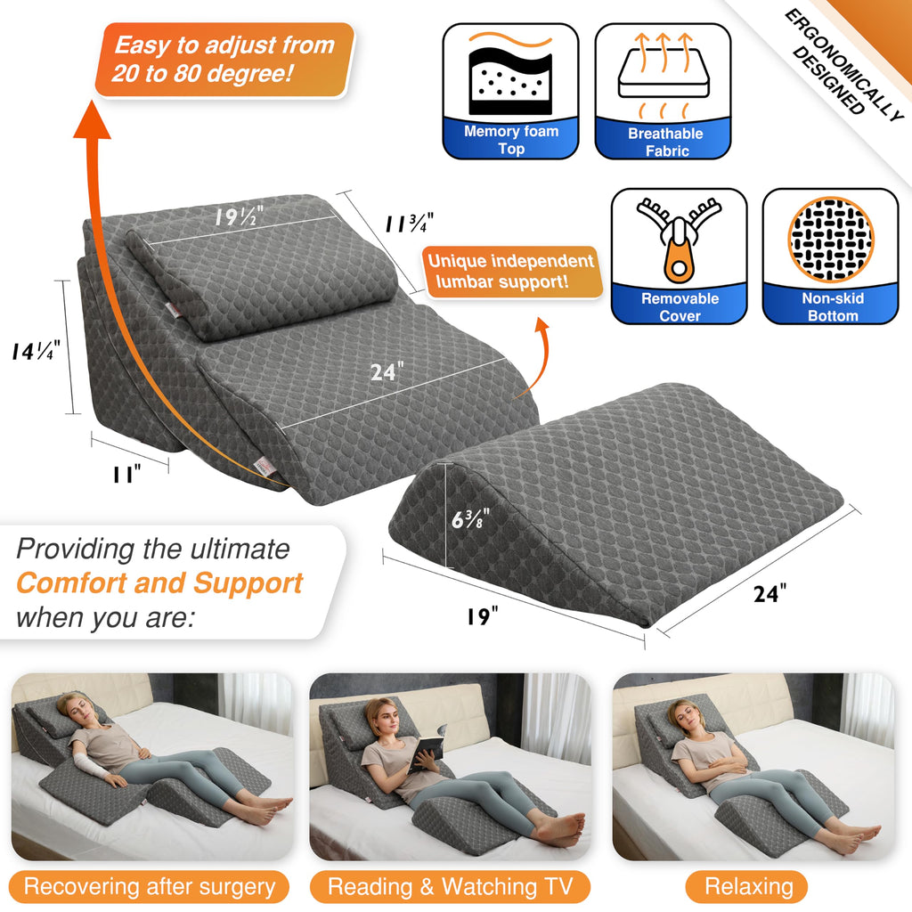 Adjustable Orthopedic Bed Wedge Pillow Set, Post Surgery Recovery, Memory Foam Wedge Pillow for Back, Knee and Leg Pain Relief, Sleeping, Sitting up in bed, Reading, Acid Reflux, Snoring, Melange Gray